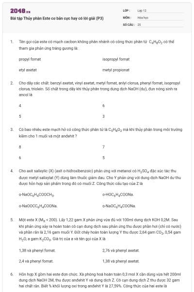 Bài tập Thủy phân Este cơ bản cực hay có lời giải (P3)