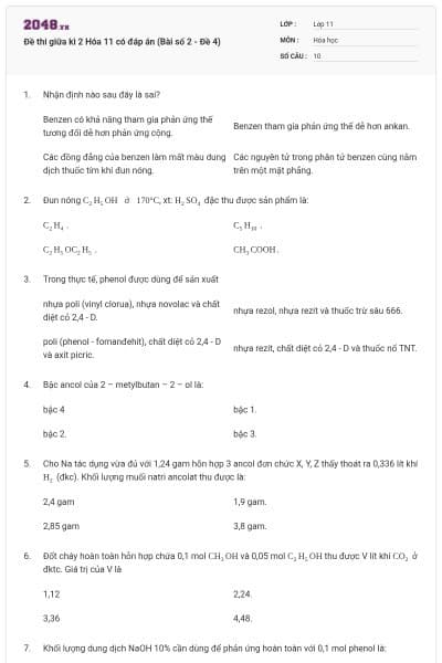 Đề thi giữa kì 2 Hóa 11 có đáp án (Bài số 2 - Đề 4)