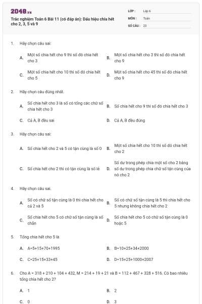 Trắc nghiệm Toán 6 Bài 11 (có đáp án): Dấu hiệu chia hết cho 2, 3, 5 và 9