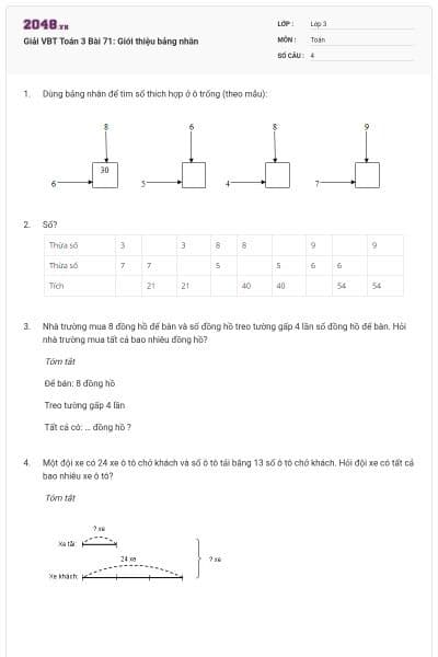 Giải VBT Toán 3 Bài 71: Giới thiệu bảng nhân