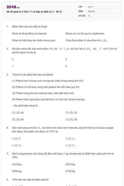 Đề thi giữa kì 2 Hóa 11 có đáp án (Bài số 2 - Đề 5)