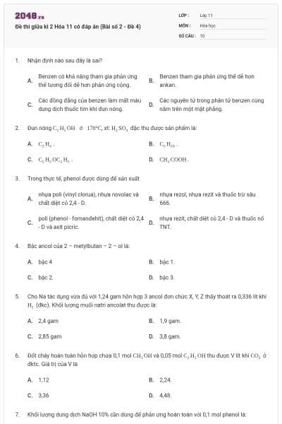 Đề thi giữa kì 2 Hóa 11 có đáp án (Bài số 2 - Đề 4)