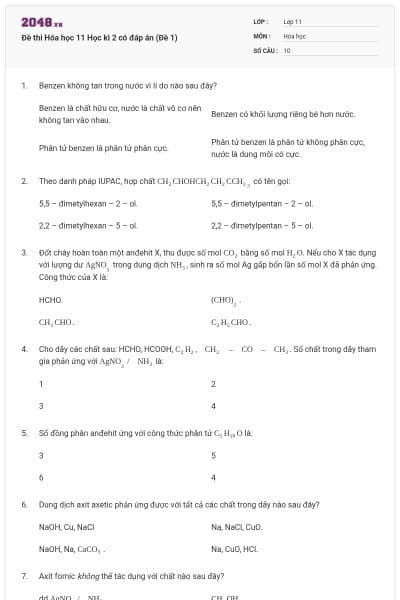 Đề thi Hóa học 11 Học kì 2 có đáp án (Đề 1)