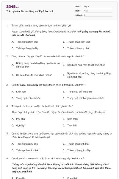 Trắc nghiệm: Ôn tập tiếng việt lớp 9 học kì II