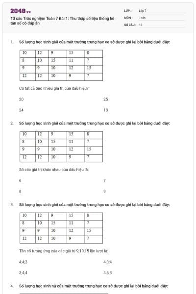 13 câu Trắc nghiệm Toán 7 Bài 1: Thu thập số liệu thống kê tần số có đáp án