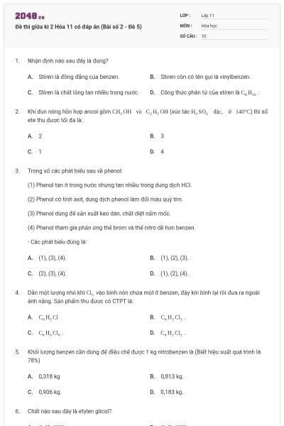 Đề thi giữa kì 2 Hóa 11 có đáp án (Bài số 2 - Đề 5)