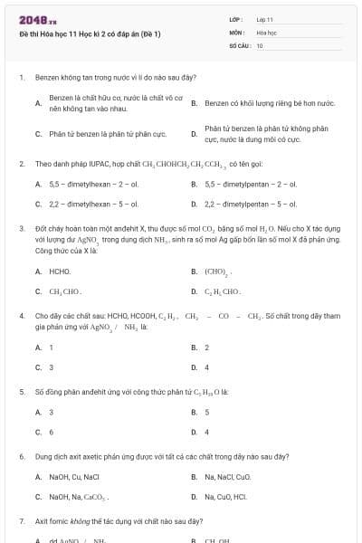 Đề thi Hóa học 11 Học kì 2 có đáp án (Đề 1)