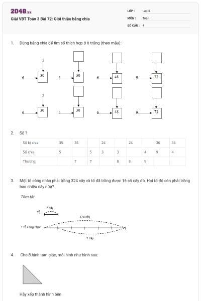 Giải VBT Toán 3 Bài 72: Giới thiệu bảng chia