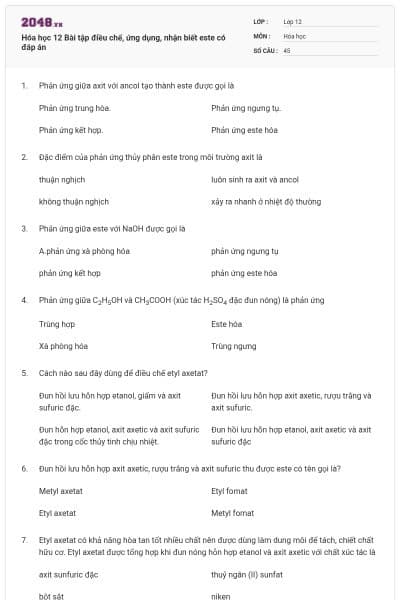 Hóa học 12 Bài tập điều chế, ứng dụng, nhận biết este có đáp án