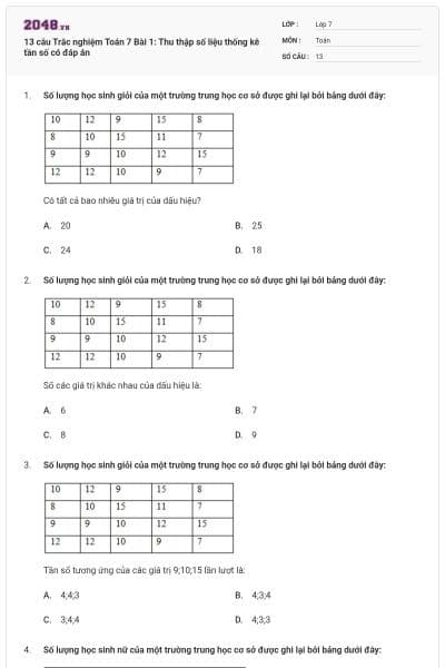 13 câu Trắc nghiệm Toán 7 Bài 1: Thu thập số liệu thống kê tần số có đáp án