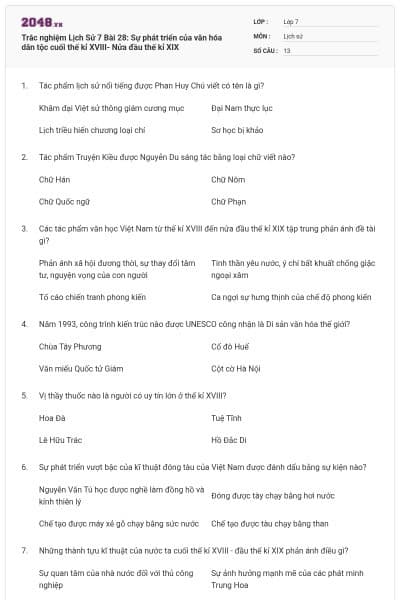 Trắc nghiệm Lịch Sử 7 Bài 28: Sự phát triển của văn hóa dân tộc cuối thế kỉ XVIII- Nửa đầu thế kỉ XIX
