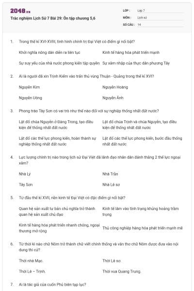 Trắc nghiệm Lịch Sử 7 Bài 29: Ôn tập chương 5,6