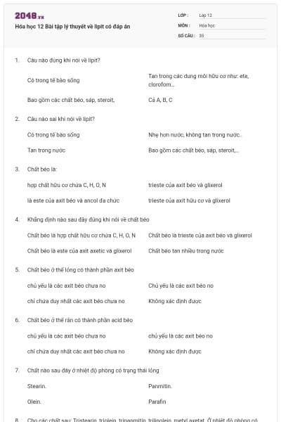 Hóa học 12 Bài tập lý thuyết về lipit có đáp án