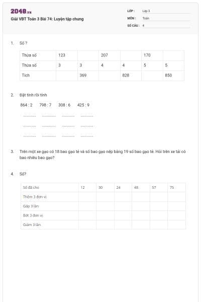 Giải VBT Toán 3 Bài 74: Luyện tập chung