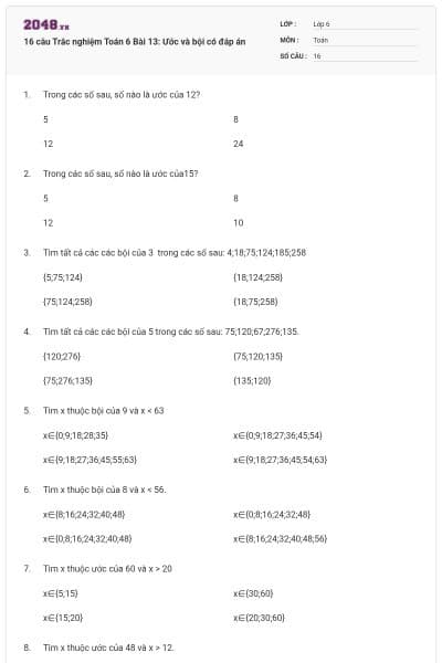16 câu Trắc nghiệm Toán 6 Bài 13: Ước và bội có đáp án