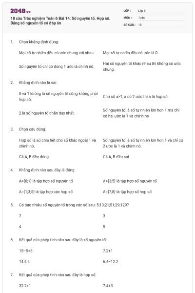 18 câu Trắc nghiệm Toán 6 Bài 14: Số nguyên tố. Hợp số. Bảng số nguyên tố có đáp án