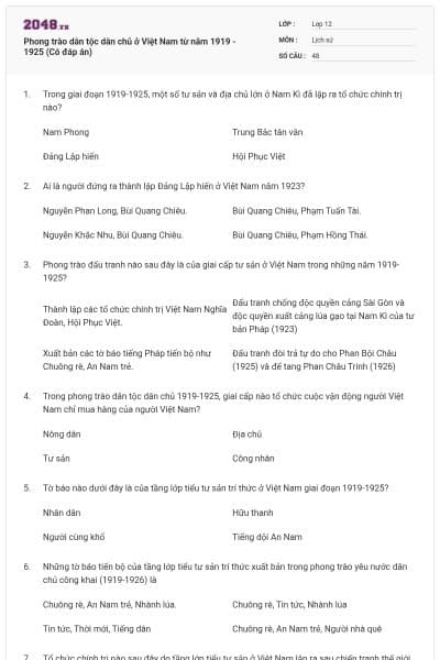 Phong trào dân tộc dân chủ ở Việt Nam từ năm 1919 - 1925 (Có đáp án)