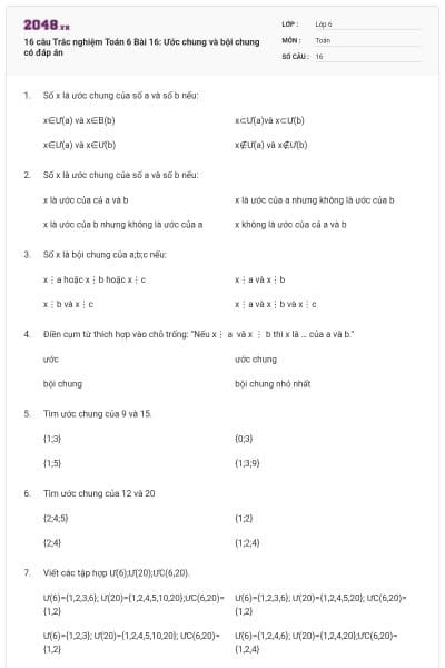 16 câu Trắc nghiệm Toán 6 Bài 16: Ước chung và bội chung có đáp án