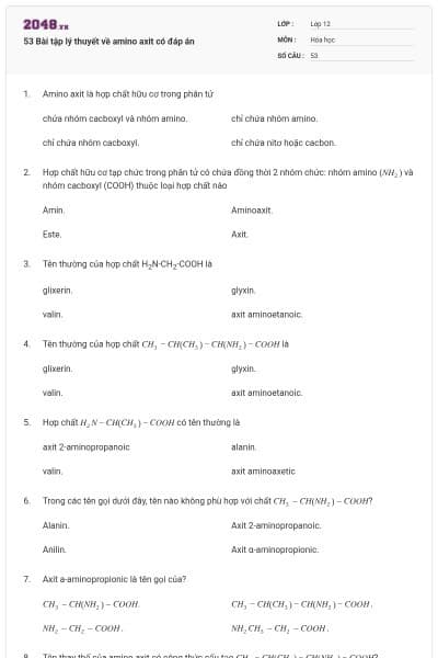 53 Bài tập lý thuyết về amino axit có đáp án