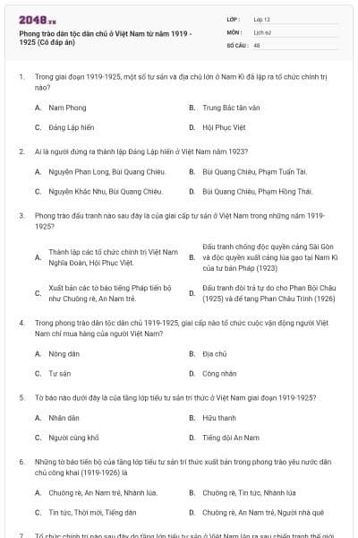 Phong trào dân tộc dân chủ ở Việt Nam từ năm 1919 - 1925 (Có đáp án)