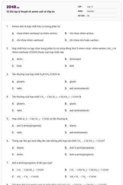 53 Bài tập lý thuyết về amino axit có đáp án