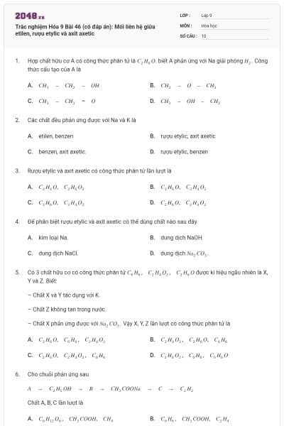 Trắc nghiệm Hóa 9 Bài 46 (có đáp án): Mối liên hệ giữa etilen, rượu etylic và axit axetic