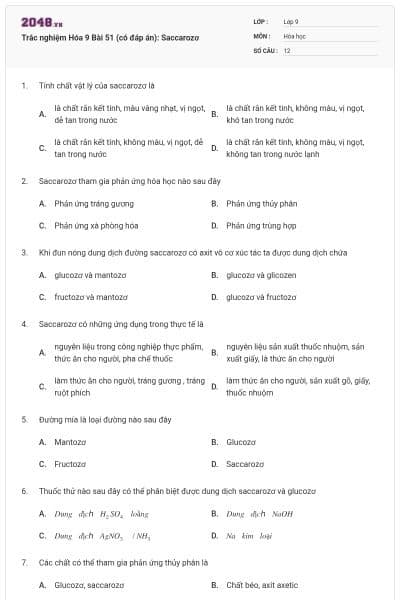 Trắc nghiệm Hóa 9 Bài 51 (có đáp án): Saccarozơ