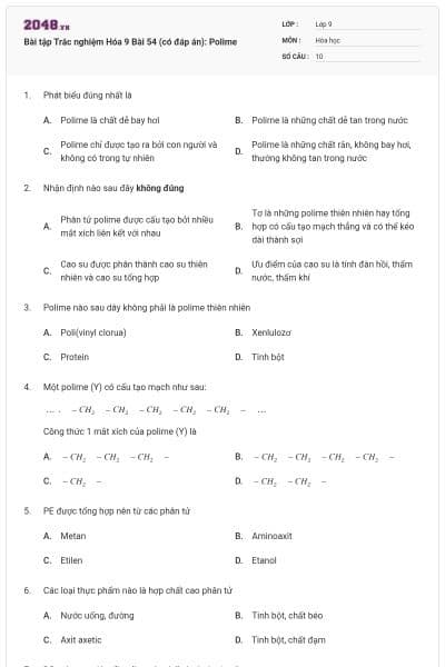 Bài tập Trắc nghiệm Hóa 9 Bài 54 (có đáp án): Polime