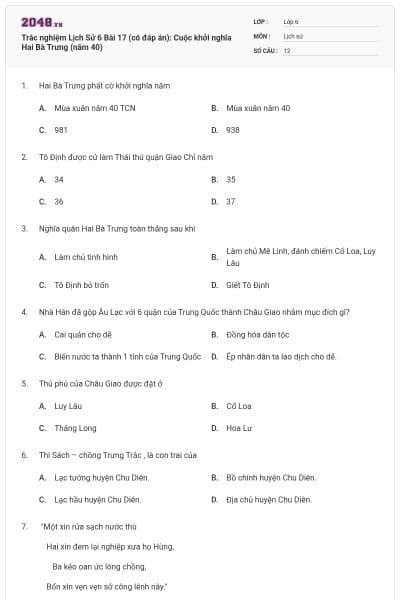 Trắc nghiệm Lịch Sử 6 Bài 17 (có đáp án): Cuộc khởi nghĩa Hai Bà Trưng (năm 40)