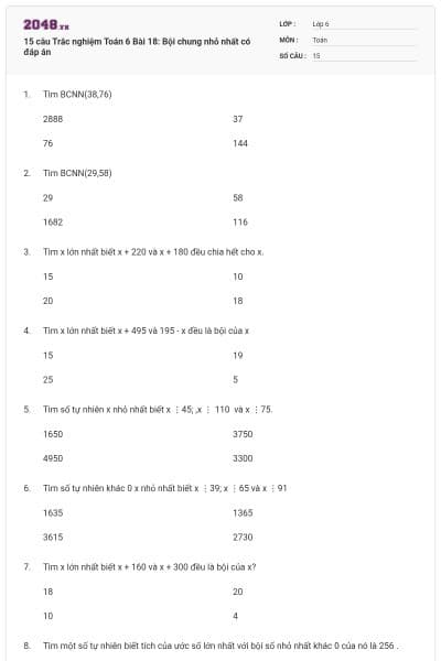 15 câu Trắc nghiệm Toán 6 Bài 18: Bội chung nhỏ nhất có đáp án
