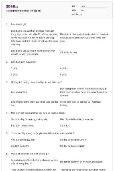 Trắc nghiệm: Biên bản (có đáp án)