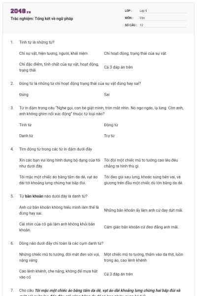 Trắc nghiệm: Tổng kết về ngữ pháp