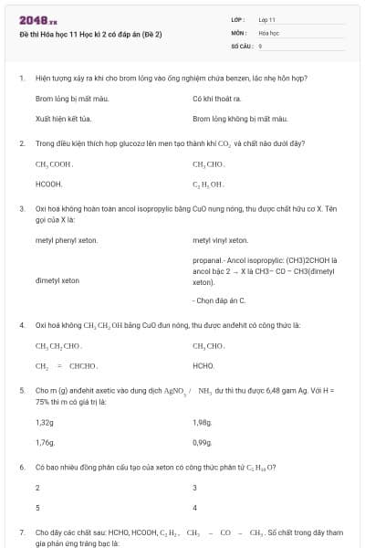 Đề thi Hóa học 11 Học kì 2 có đáp án (Đề 2)