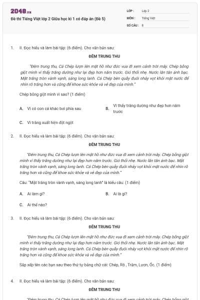 Đề thi Tiếng Việt lớp 2 Giữa học kì 1 có đáp án (Đề 5)