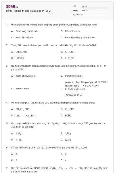 Đề thi Hóa học 11 Học kì 2 có đáp án (Đề 2)