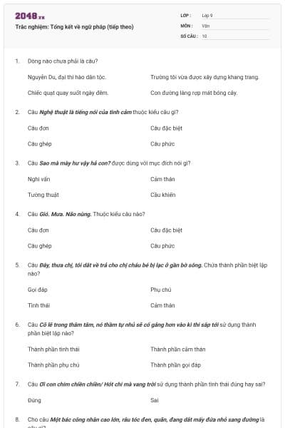 Trắc nghiệm: Tổng kết về ngữ pháp (tiếp theo)