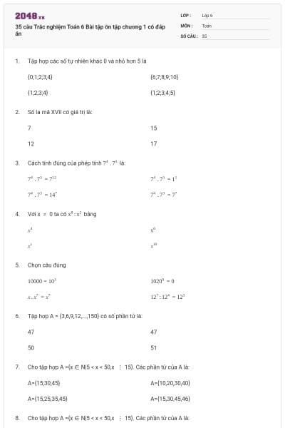 35 câu Trắc nghiệm Toán 6 Bài tập ôn tập chương 1 có đáp án