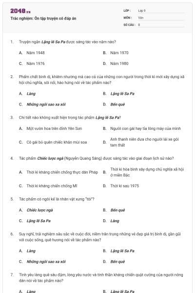 Trắc nghiệm: Ôn tập truyện có đáp án