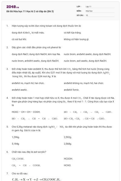 Đề thi Hóa học 11 Học kì 2 có đáp án (Đề 3)