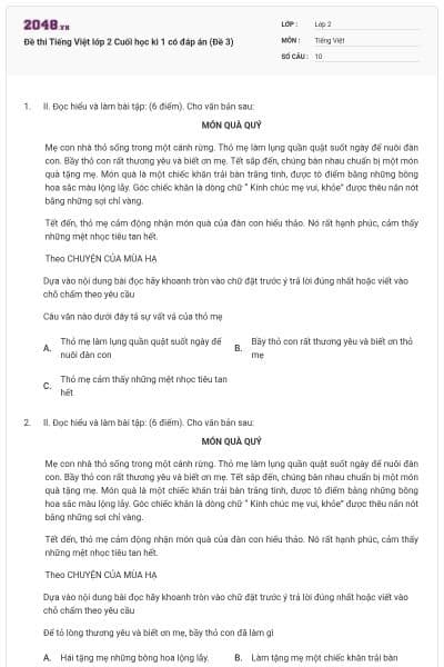 Đề thi Tiếng Việt lớp 2 Cuối học kì 1 có đáp án (Đề 3)