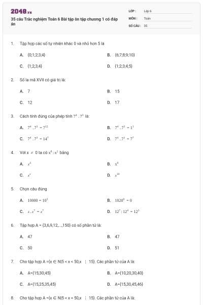 35 câu Trắc nghiệm Toán 6 Bài tập ôn tập chương 1 có đáp án