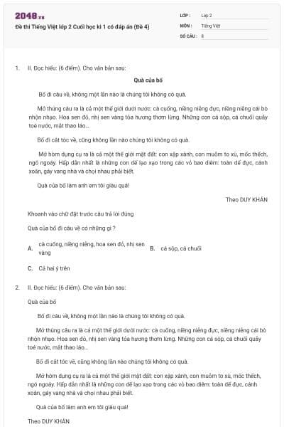 Đề thi Tiếng Việt lớp 2 Cuối học kì 1 có đáp án (Đề 4)