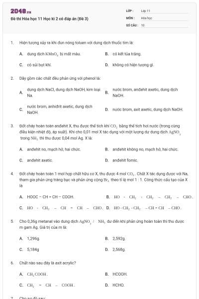 Đề thi Hóa học 11 Học kì 2 có đáp án (Đề 3)