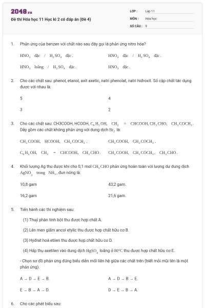 Đề thi Hóa học 11 Học kì 2 có đáp án (Đề 4)