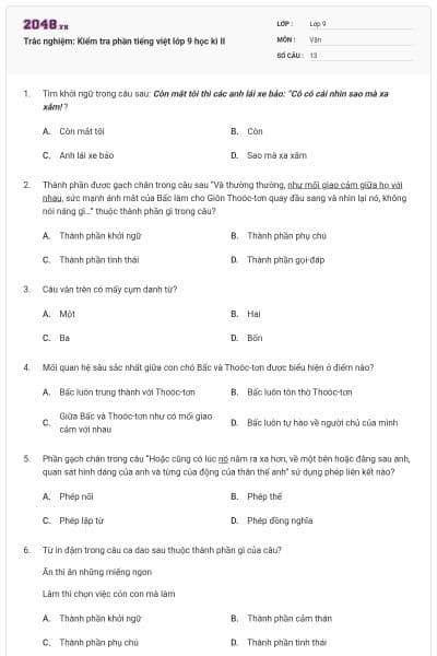Trắc nghiệm: Kiểm tra phần tiếng việt lớp 9 học kì II