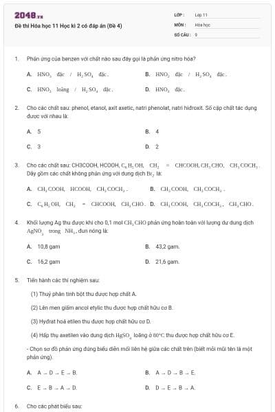 Đề thi Hóa học 11 Học kì 2 có đáp án (Đề 4)