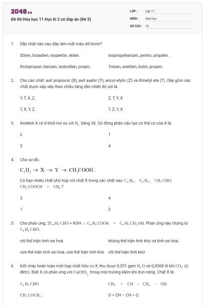 Đề thi Hóa học 11 Học kì 2 có đáp án (Đề 5)