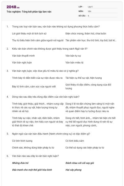 Trắc nghiệm: Tổng kết phần tập làm văn