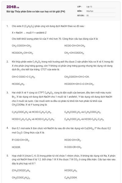 Bài tập Thủy phân Este cơ bản cực hay có lời giải (P4)