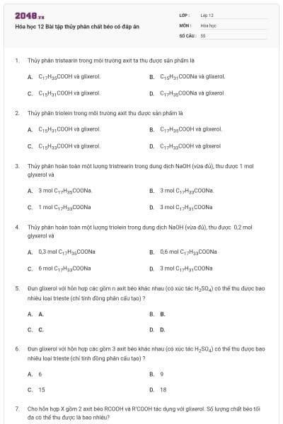 Hóa học 12 Bài tập thủy phân chất béo có đáp án
